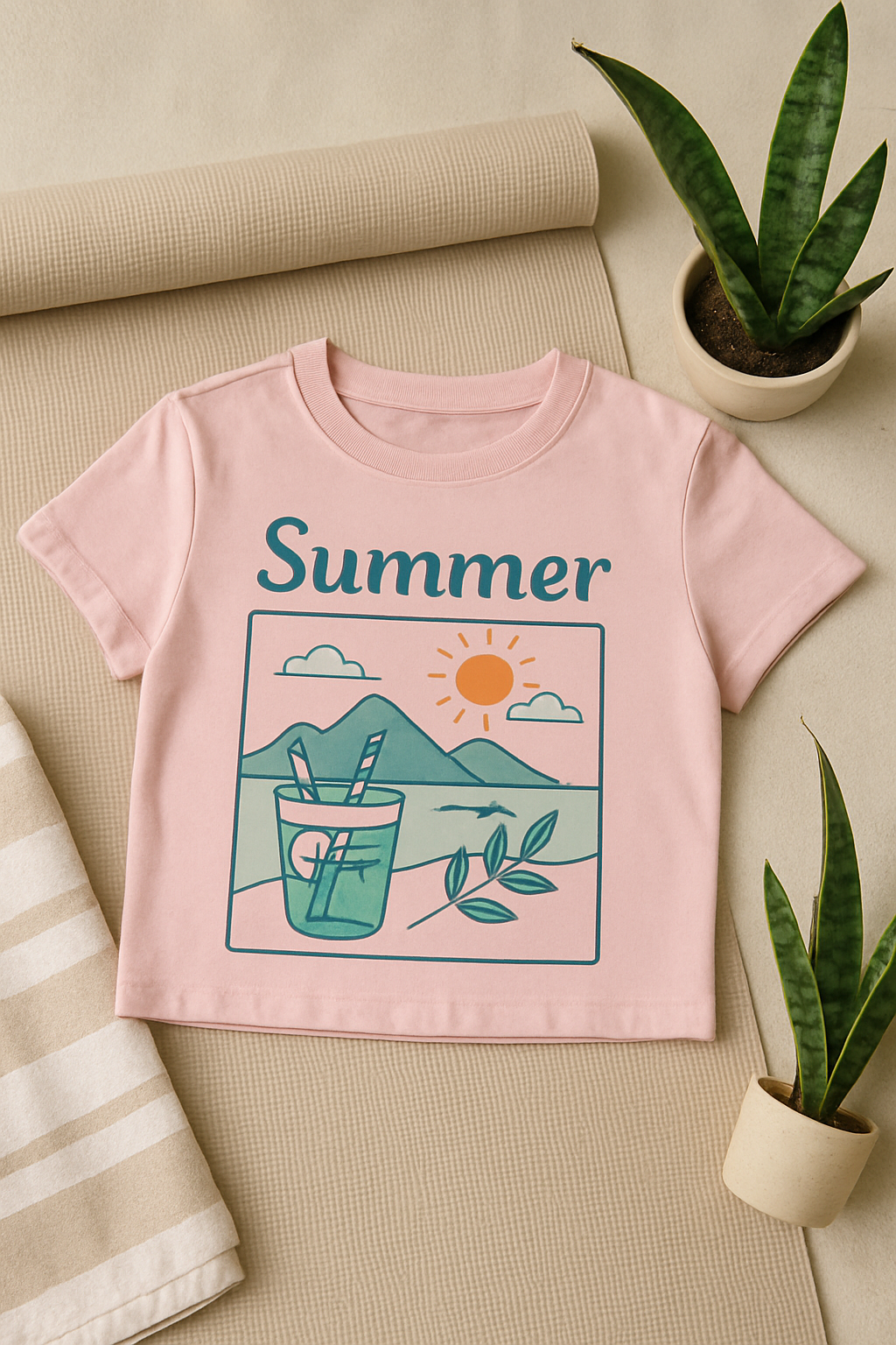 Summer Vibes Pink Crop Top – Beachy Aesthetic Tee - Kinzu