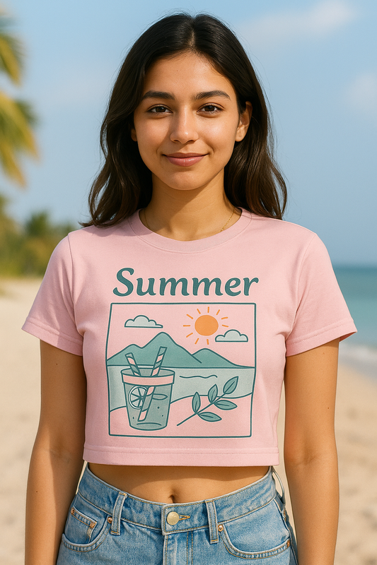 Summer Vibes Pink Crop Top – Beachy Aesthetic Tee - Kinzu